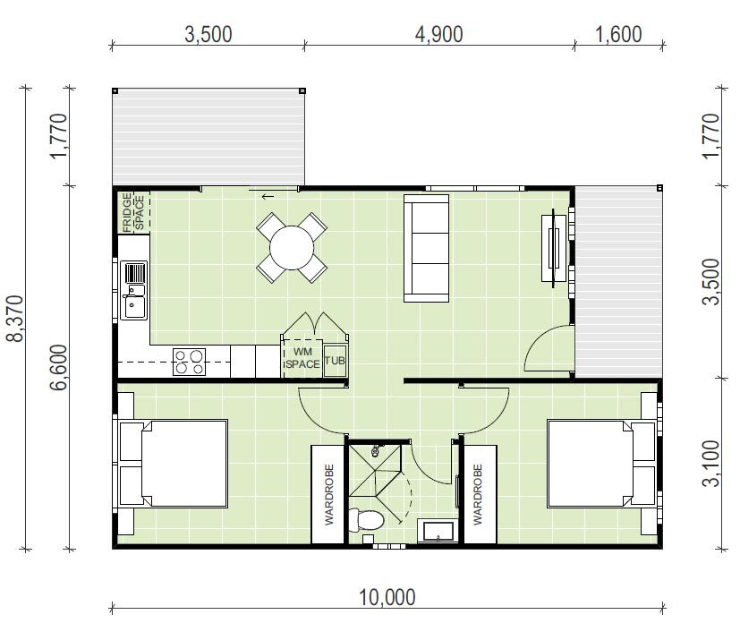2 bedroom granny flat floor plan with patios