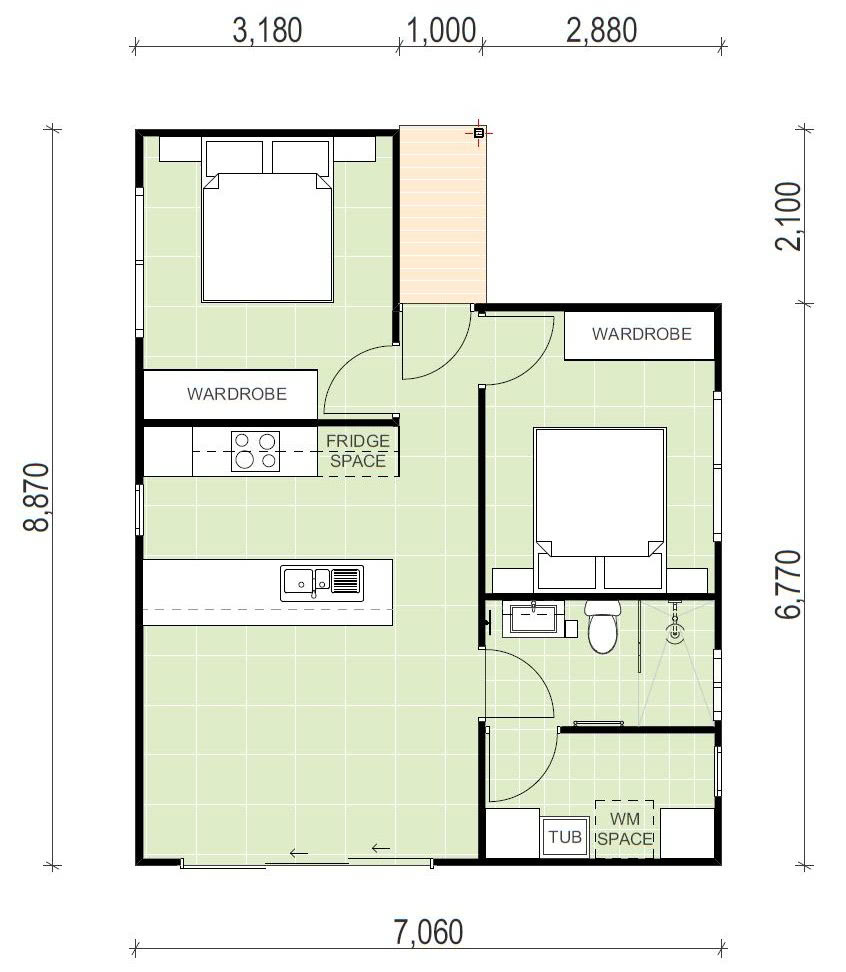 Granny flat floor plan with 2 bedrooms and 1 kitchen
