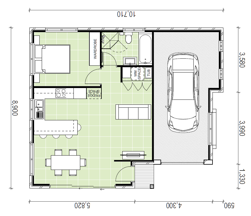 Granny flat floor plan with 1 garage space