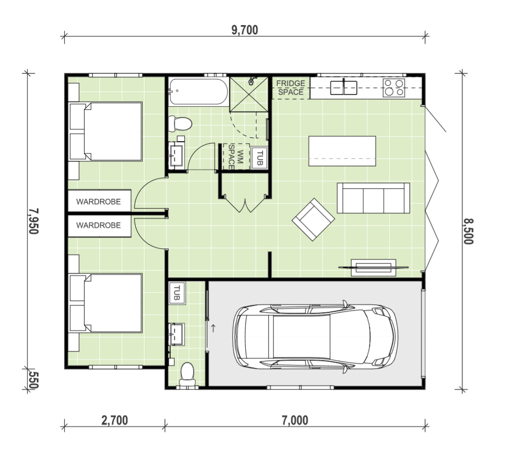 2 bedroom granny flat solution floor plan