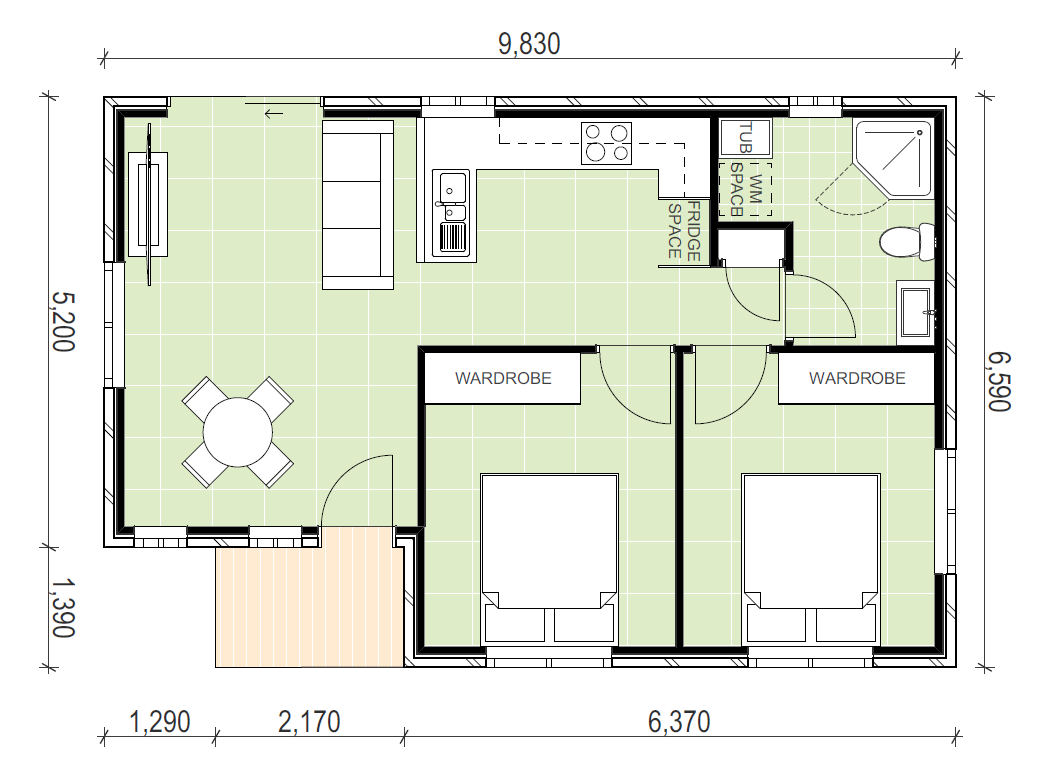 6,590 x 9,830 floor map of 2 bedroom and 2 bath granny flat