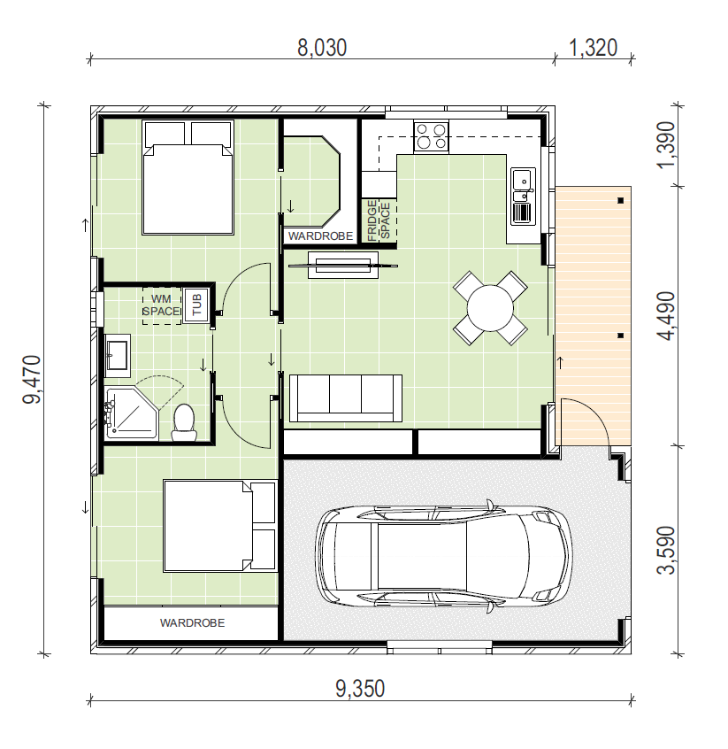 Granny flat with 1 kitchen and 2 bedrooms