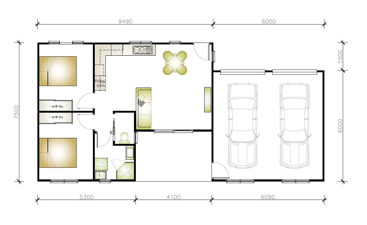granny flat floor plan design with two cars garage