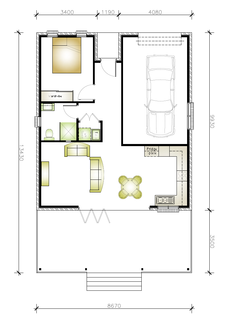 13430 x 8670 granny flat floor plan with one bedroom, one bathroom and garage