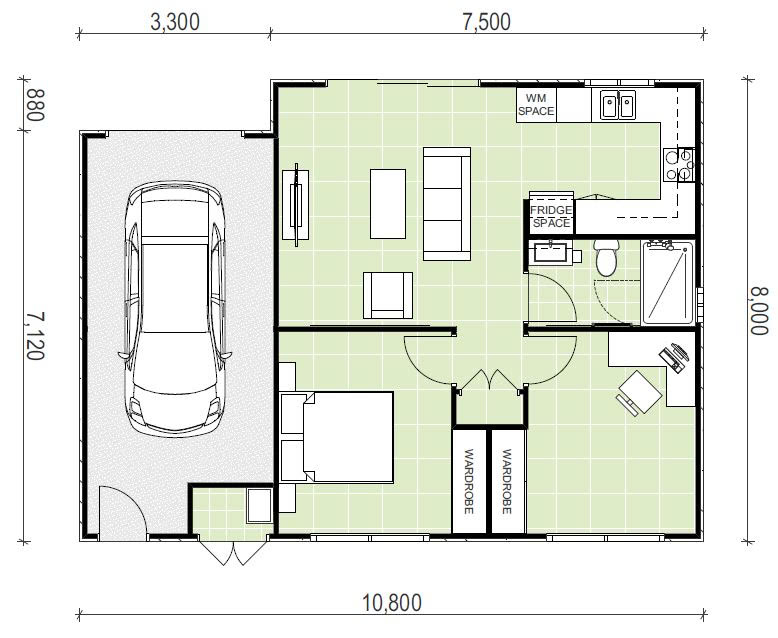 granny flat floor plan design with a bedroom and garage