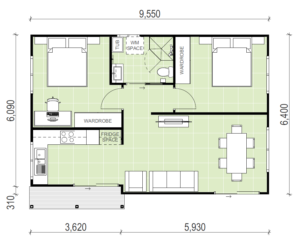 granny flat floor plan design 9550 x 6400