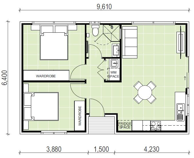 9610 x 6400 2 bedroom 1 bath Granny flat floor map