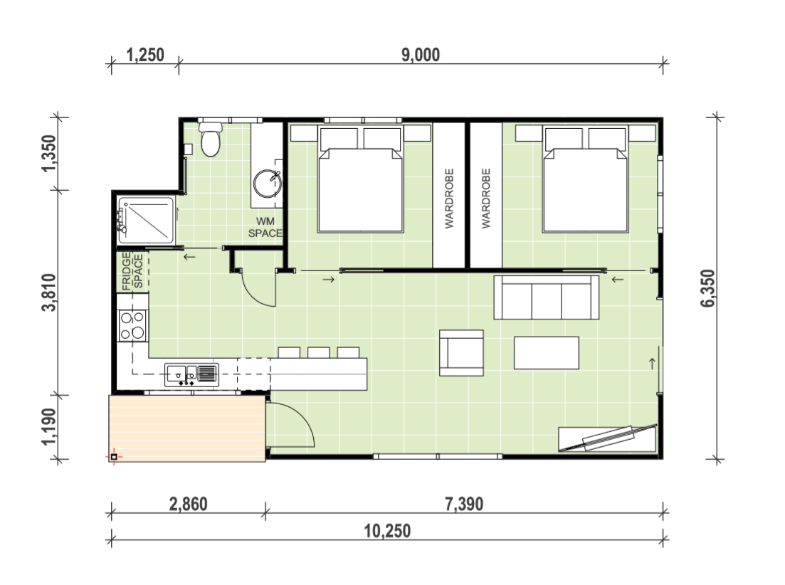 Granny flat with 2 bedrooms and 1 bathroom