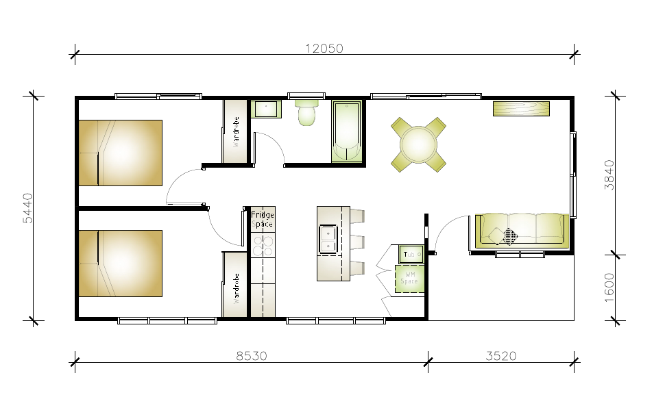 narrow 2 bedroom granny flat floor plan design
