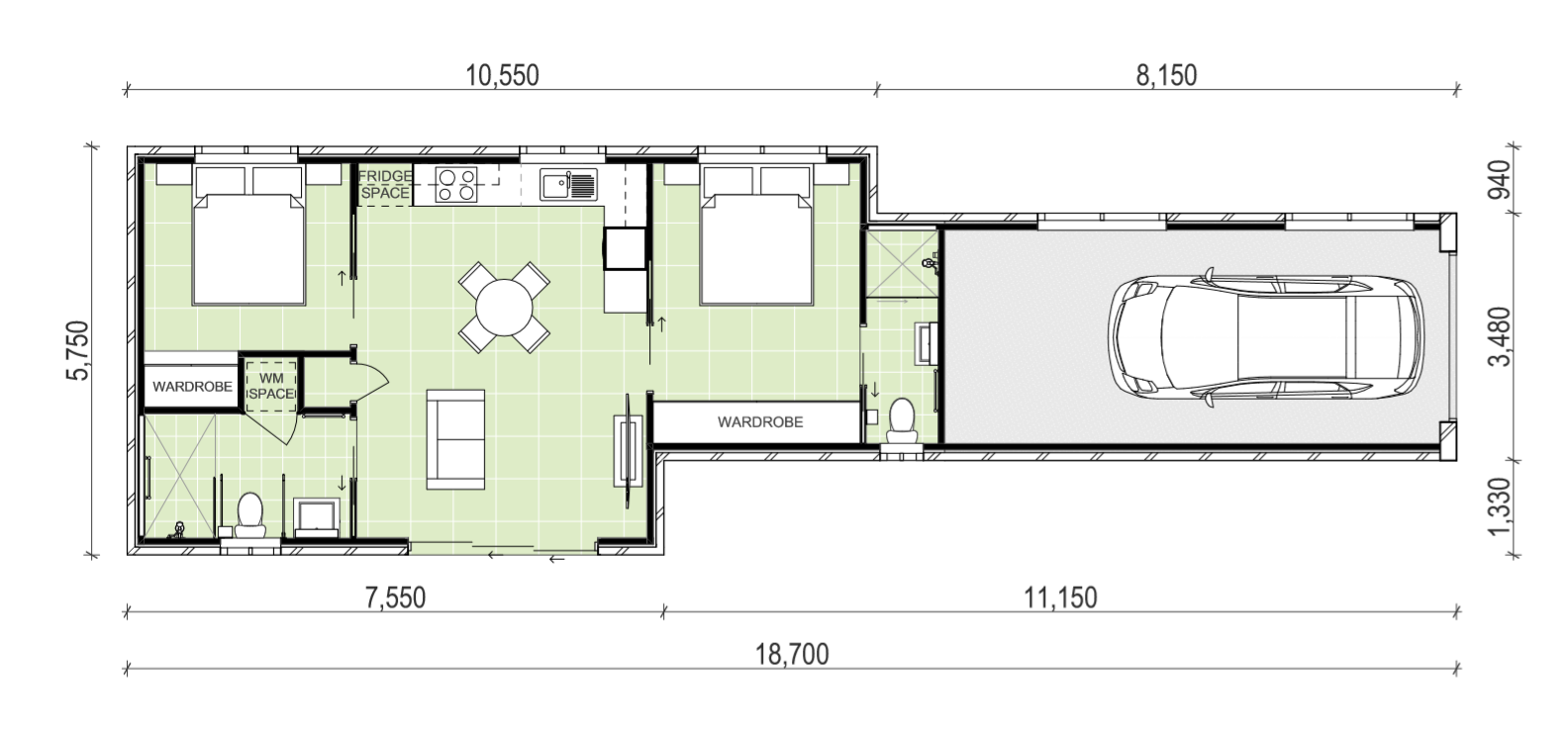 Two bedroom, two bathroom granny flat floor plan with carport