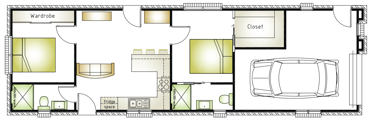 Narrow granny flat floor plan with garage