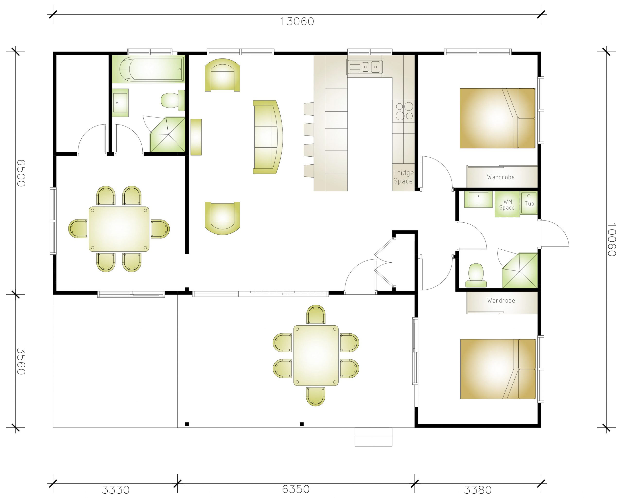 2 bedroom granny flat floor plan with outdoor seating area