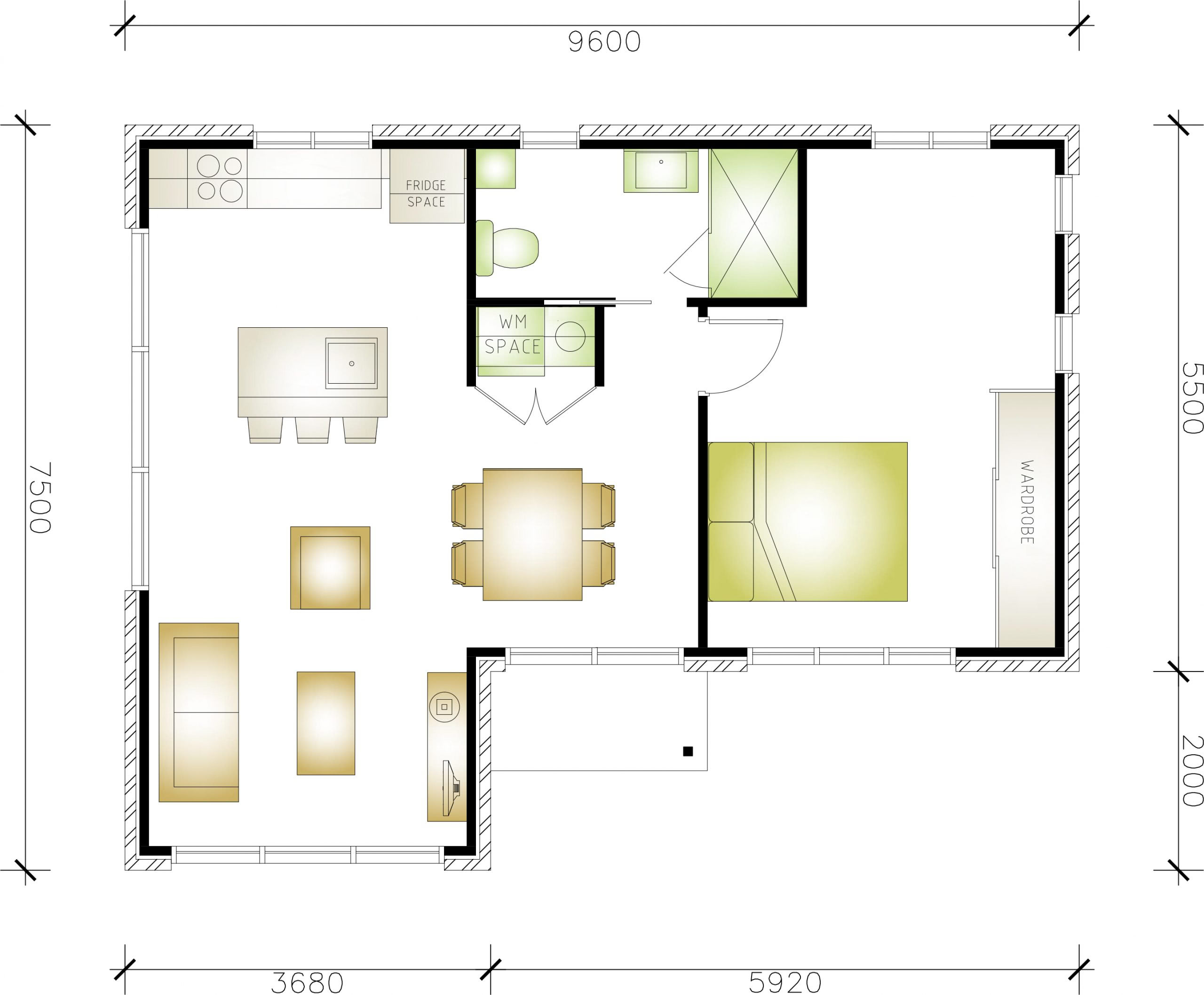 Granny flat floor plan with 1 bedroom