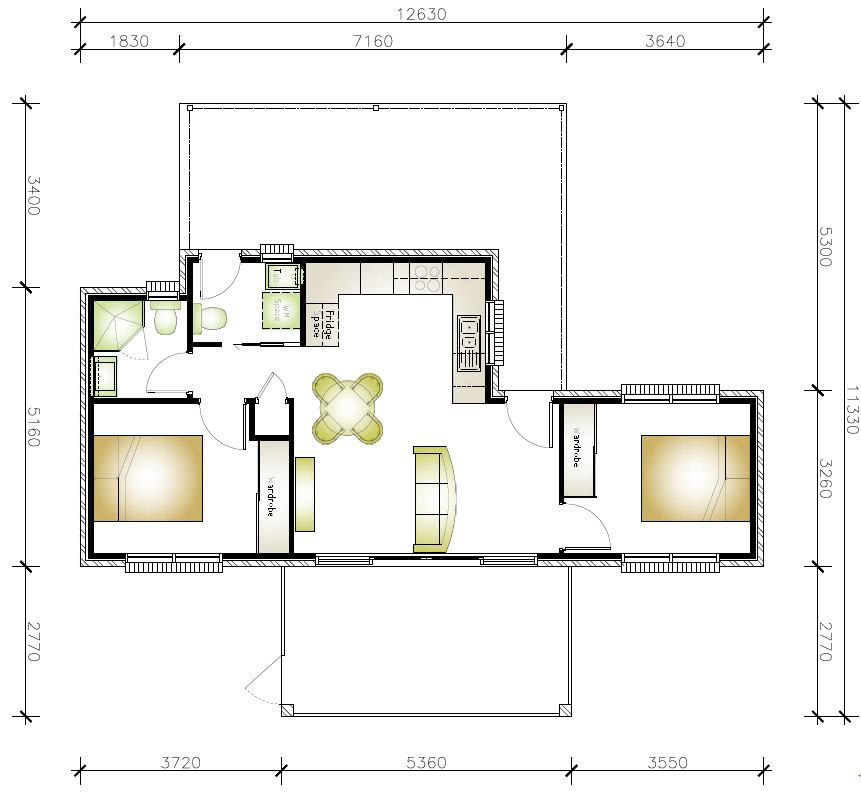 Granny flat floor plan with 2 bedrooms