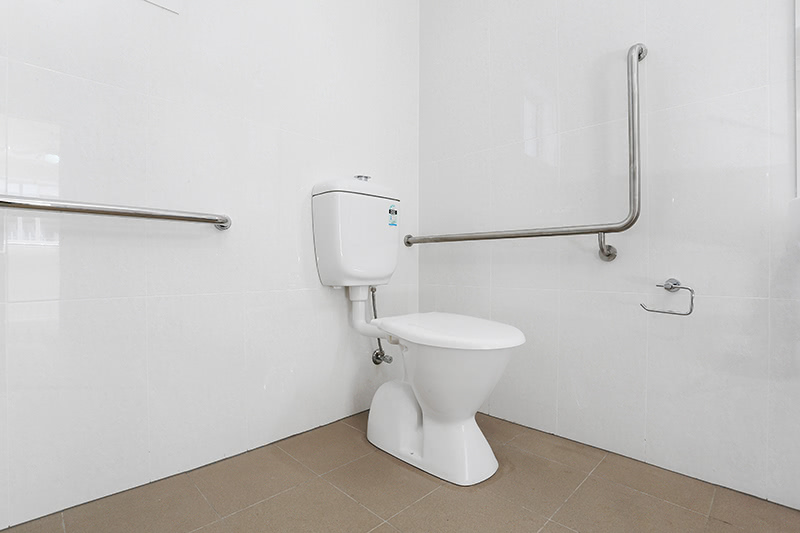wheelchair accessible toilet with rails