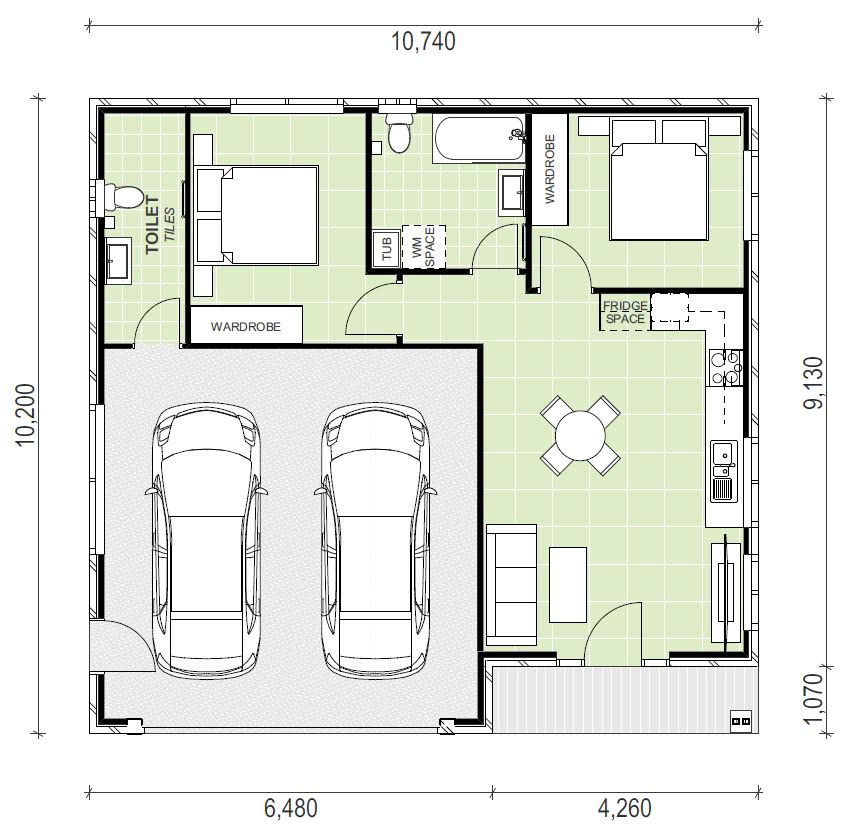squared granny flat floor plan design with garage