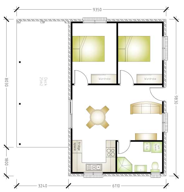 2 bedroom granny flat floor plan with deck