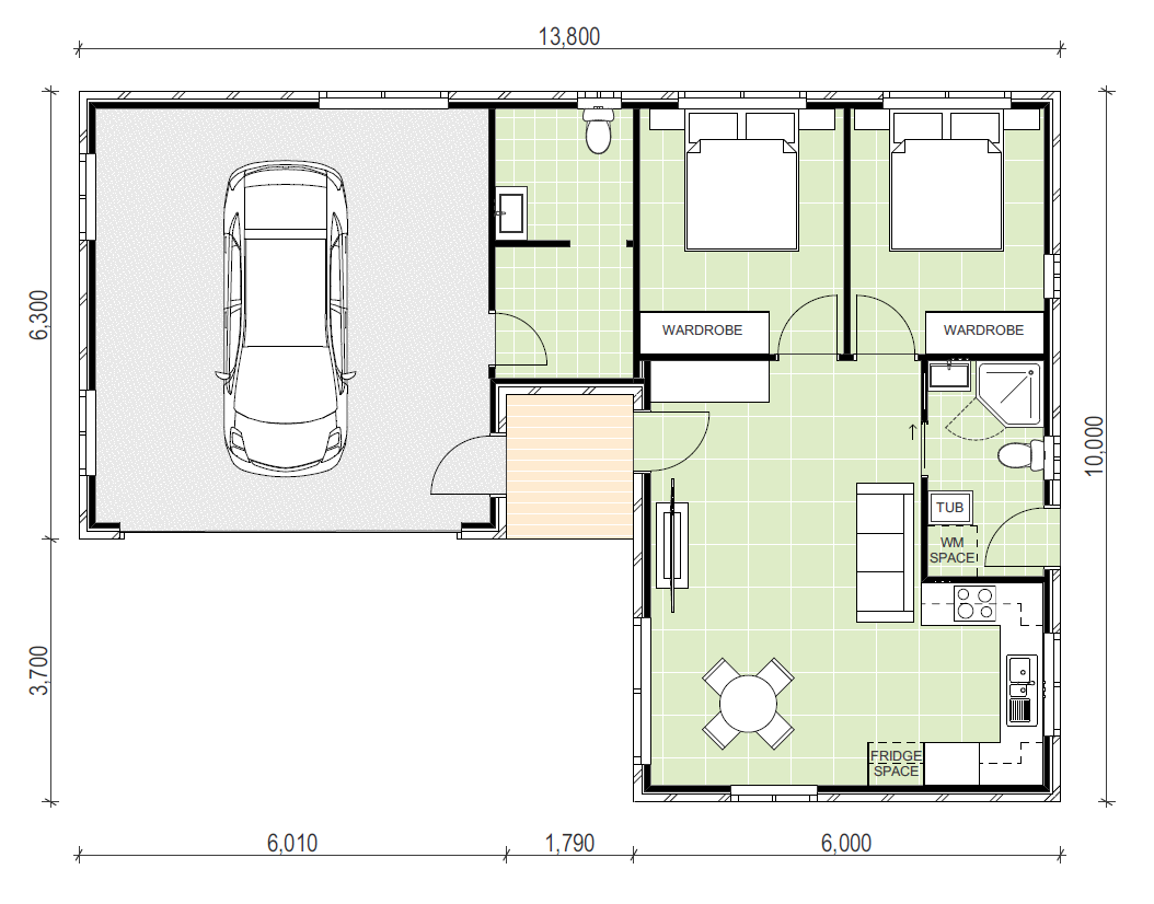 13,800 x 10,000 floor plan of two bedroom, two bath granny flat and garage