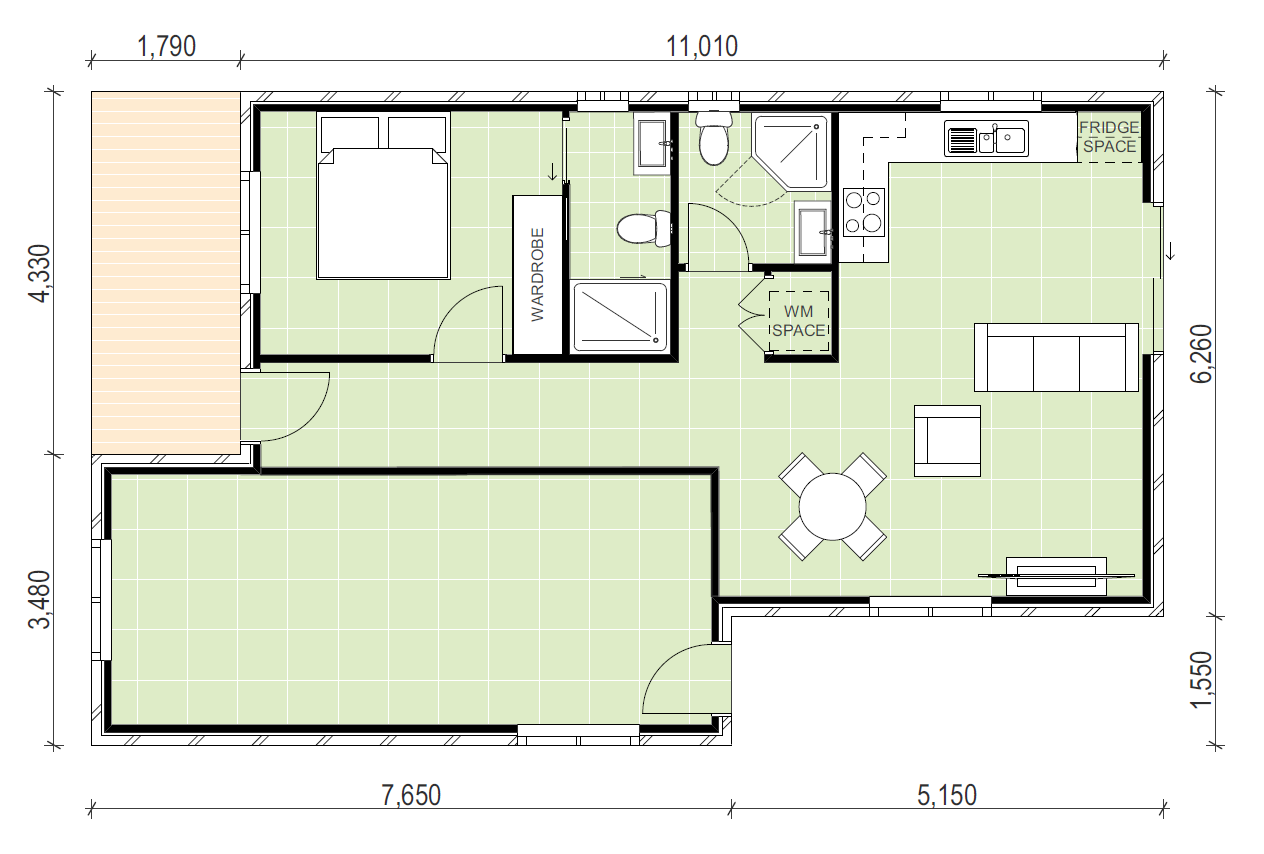 Granny flat floor plan design with patio