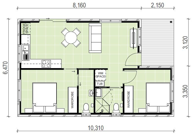 10310 x 6470 granny flat floor plan with two bed, two bath and porch