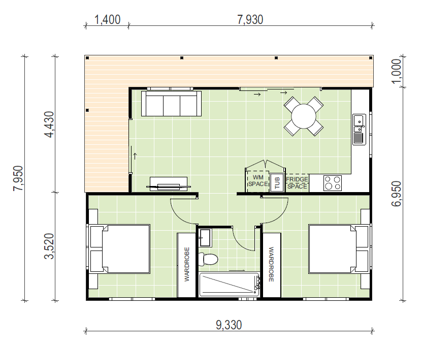 2 bedroom granny flat design with patio