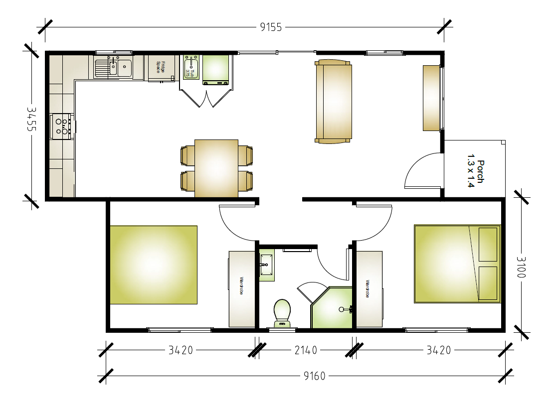 Granny flat floor plan design with 1 kitchen and 2 bathrooms