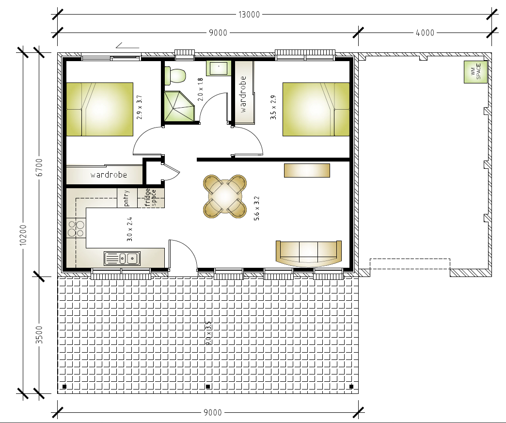granny flat floor plan with 2 bedrooms