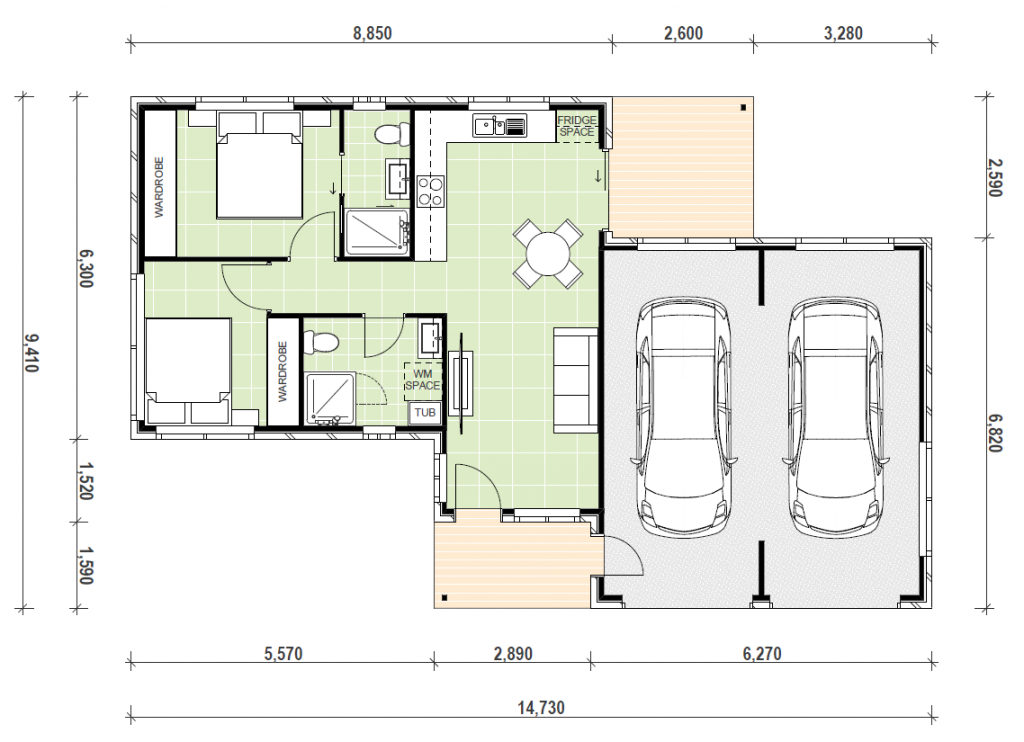 Two car garage two bedroom two bathroom floor plan