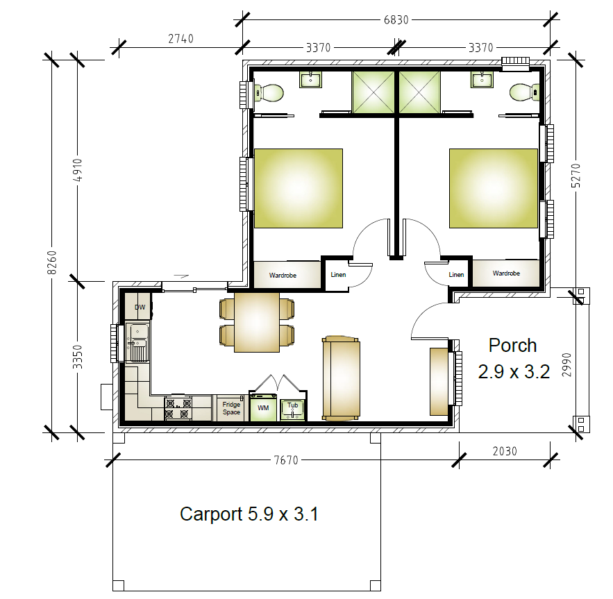 8260 x 6830 flat with two bedroom and two bathroom