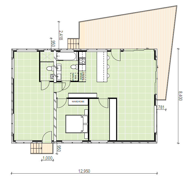 granny flat floor plan with timber decking