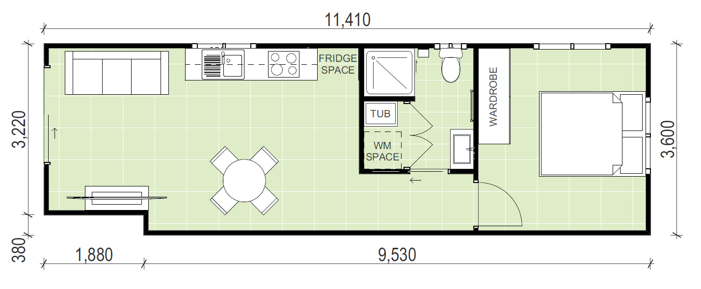 Narrow style granny flat floor plan