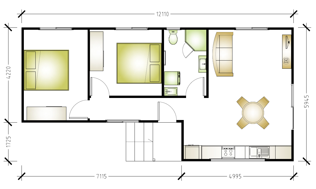 12110 by 5945 2 bedroom, 1 bath granny flat floor plan