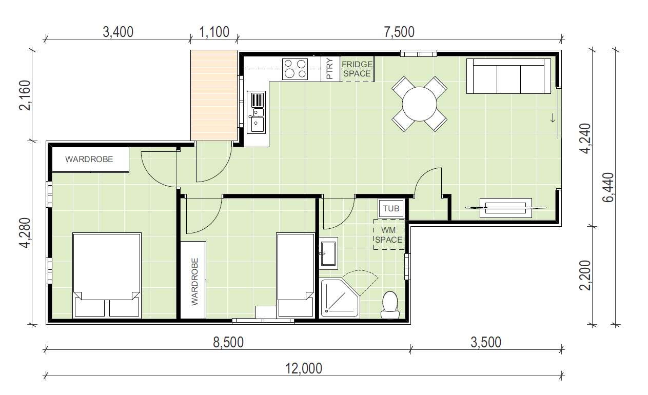Granny flat floor plan with 2 bedrooms and 1 bathroom