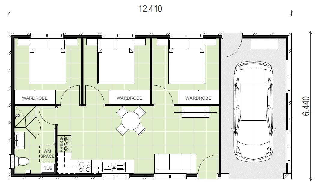 12,410 by 6440 3 bedroom granny flat with one bath and garage