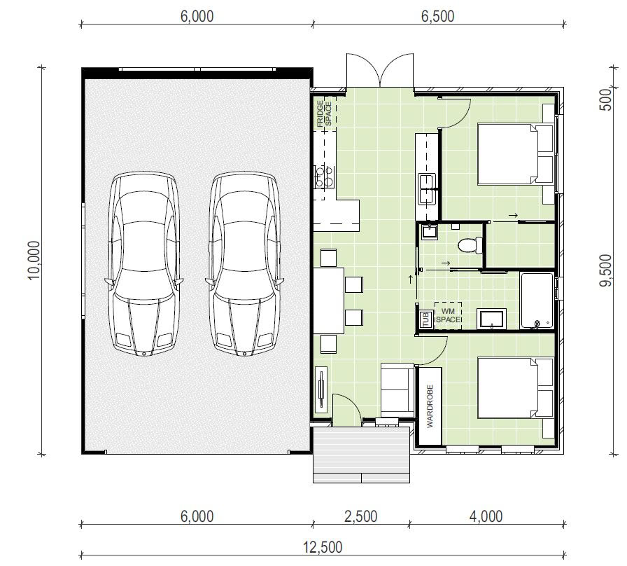 granny flat floor plan design with two cars garage