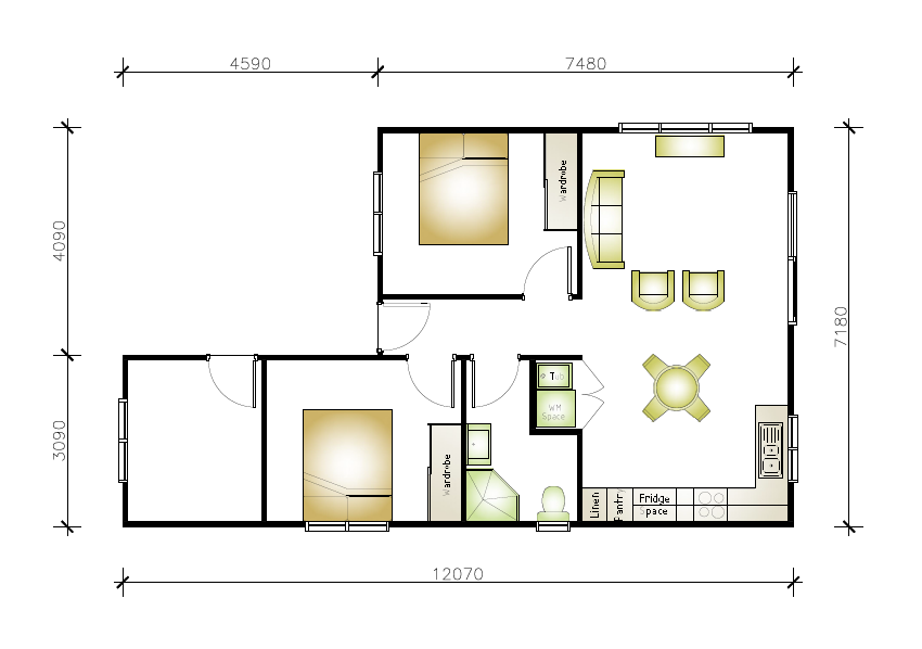 Granny flat floor plan with 2 bedroms