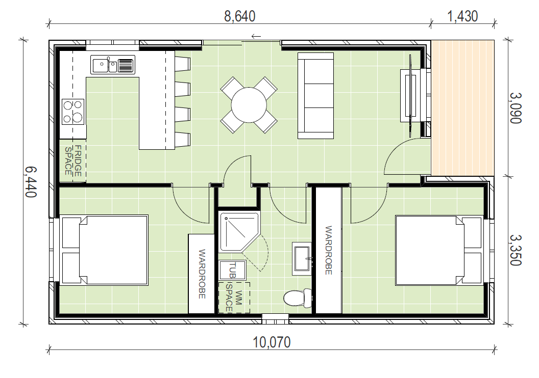 2 bedroom 1 bathroom granny flat floor plan with porch