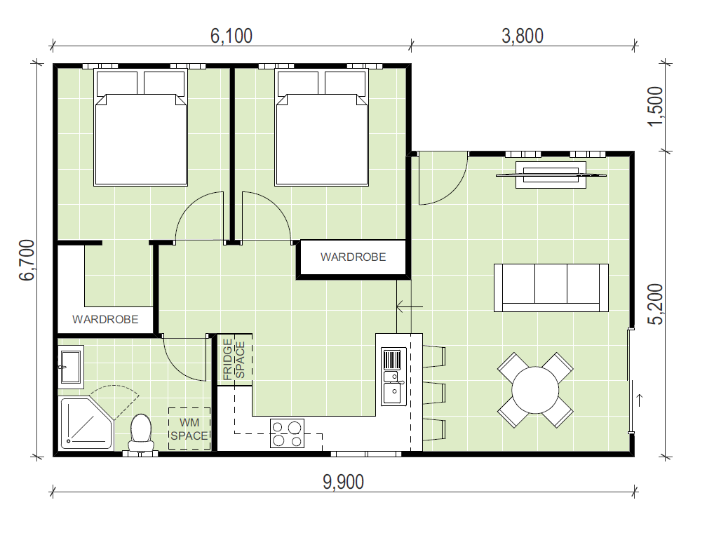 Granny flat floor plan solution with 2 bedrooms