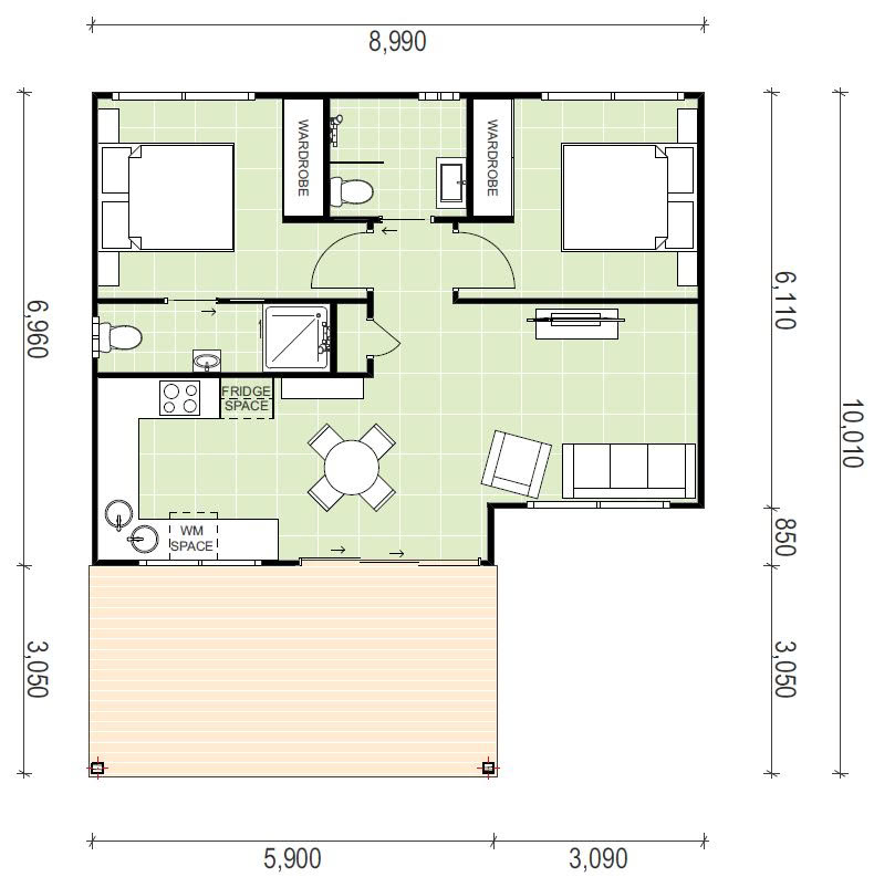 Granny flat floor plan design with 2 bedrooms
