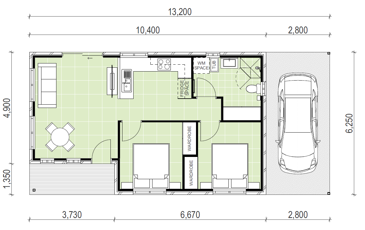 Granny flat with 2 bedrooms and a porch