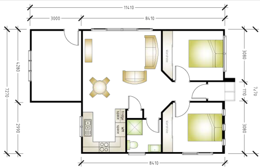 Granny flat floor plan design with 1 bathroom and 2 bedrooms