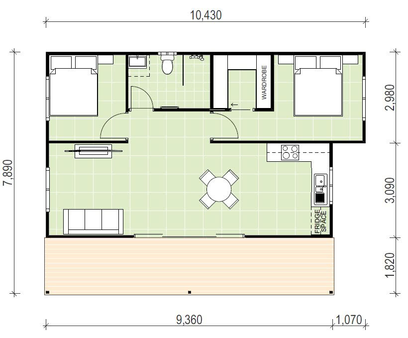 Granny flat floor plan design with patio