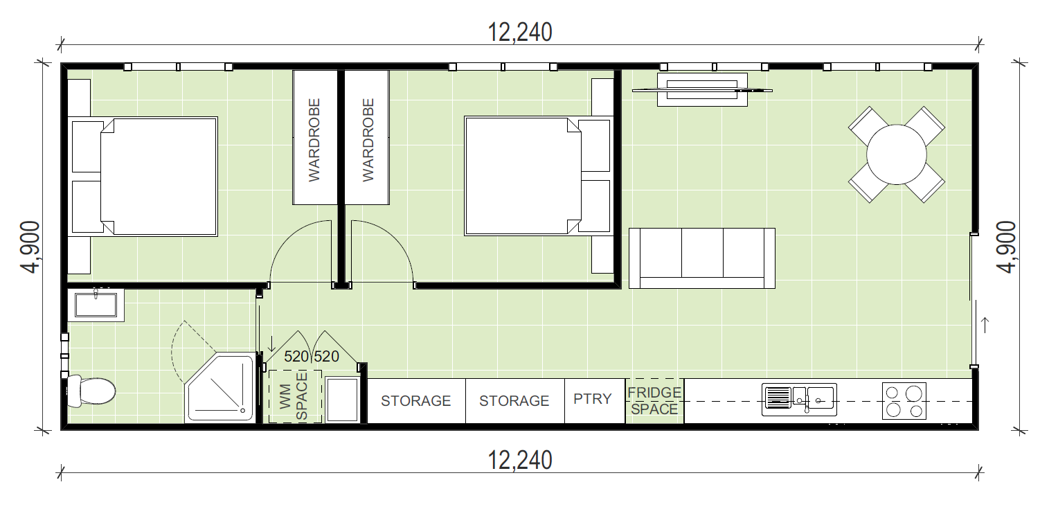 Narrow design granny flat floor plan