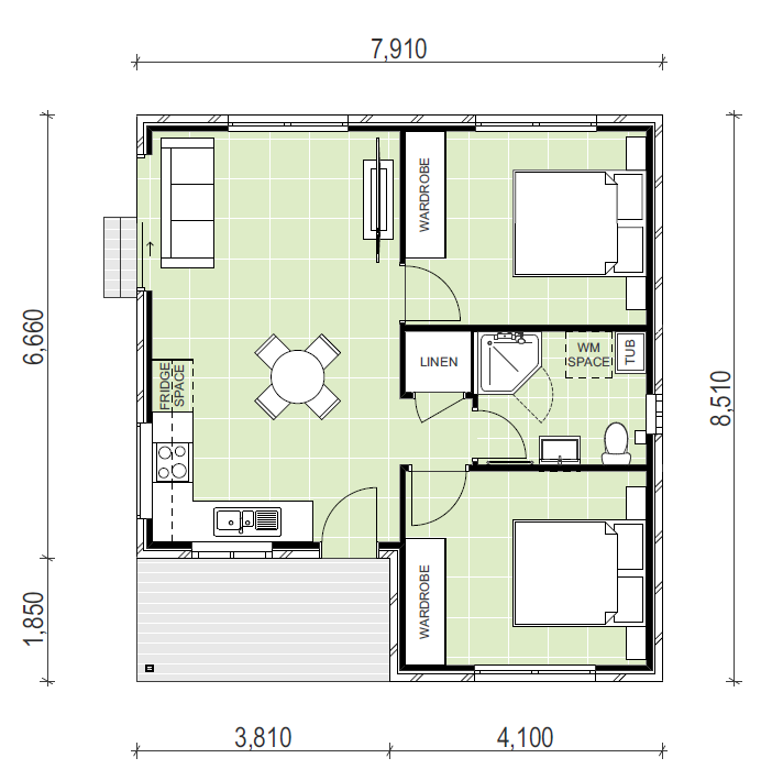 Granny flat floor plan with 2 bedrooms and patio