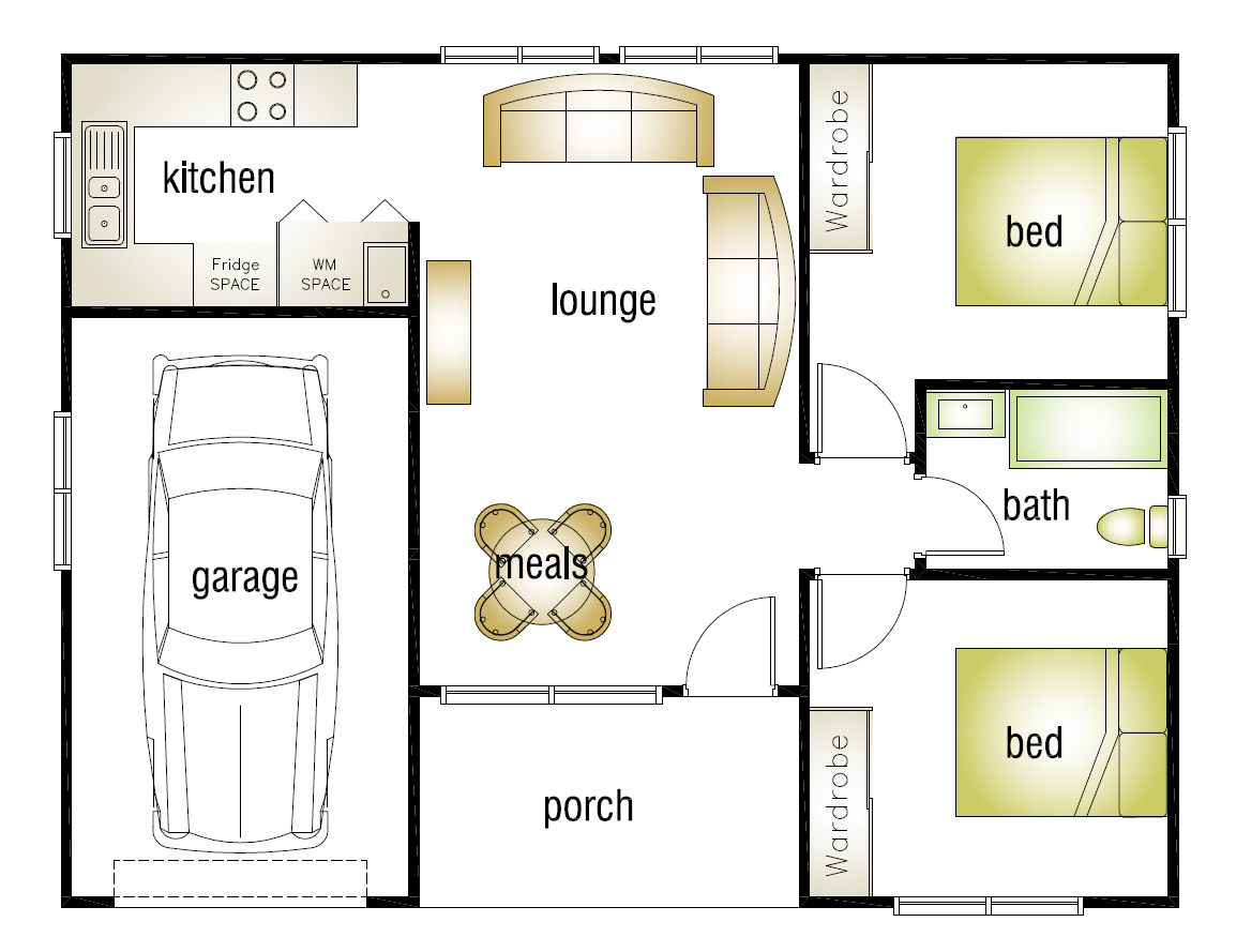 Granny flat floor plan design with 2 bedrooms and 1 kitchen