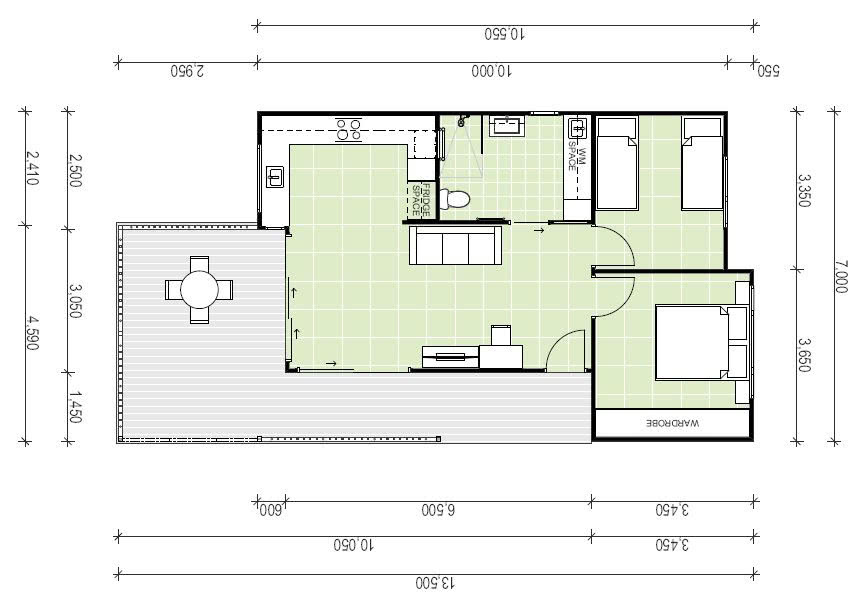 Floor plan of two bedroom flat with wraparound porch