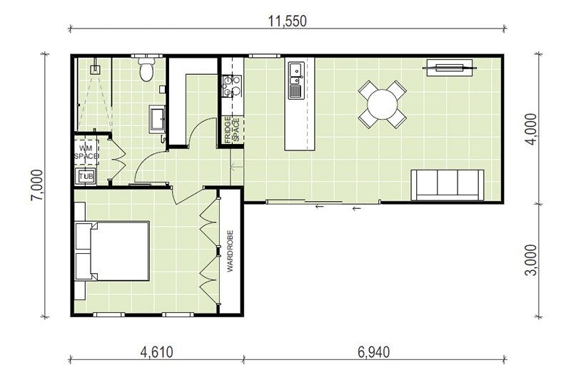 7,000 x 11,550, one bedroom granny flat floor plan