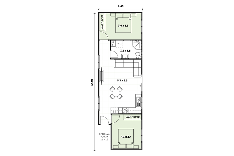 14.03 by 4.49 granny flat with optional porch floor plan