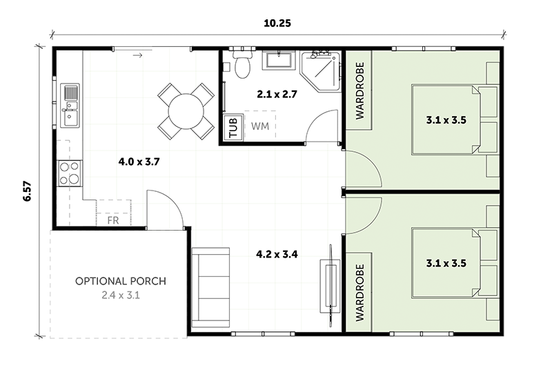 6.57 by 10.25 floor plan including optional porch