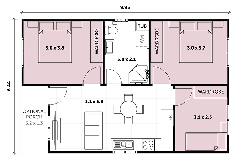 6.64 by 9.95 granny flat floor plan floor plan including optional porch space